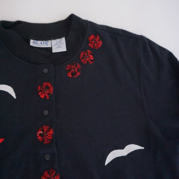 Vintage Blair Black Cotton Cardigan Cardinal Winter Cabincore Grandmacore XL - Picture 6 of 10